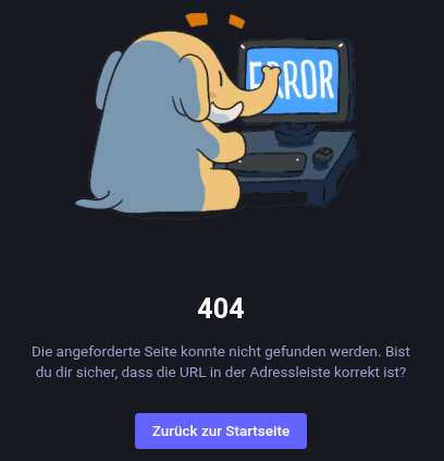 Mastodon Error Seite 404 (Seite nicht gefunden) mit dem Mamutfanten, der zwecks Fehlerbehebung wie blöd eine arme Tastatur fachgerecht zertrümmert.